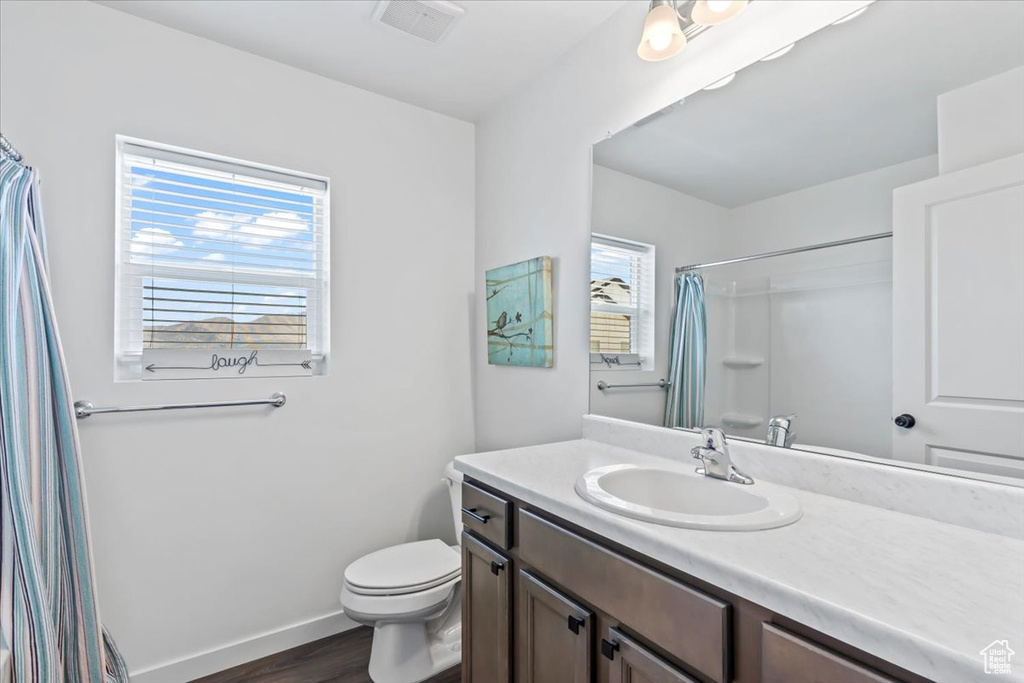 Full bathroom featuring vanity, toilet, wood finished floors, and healthy amount of natural light