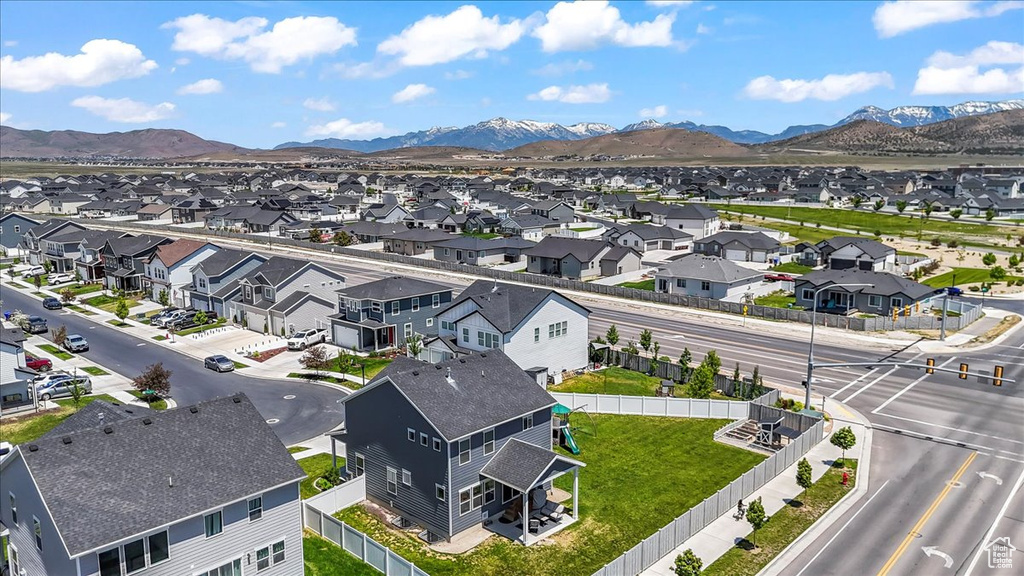 Aerial perspective of suburban area with mountains