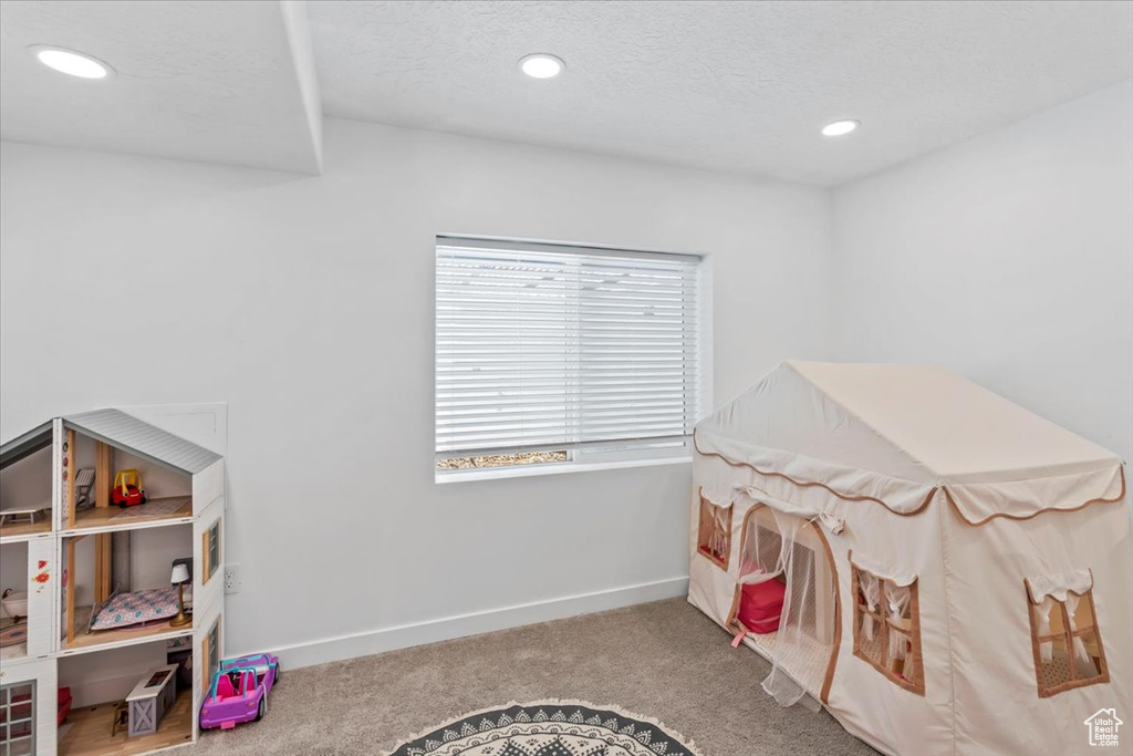 Recreation room with carpet, baseboards, and recessed lighting