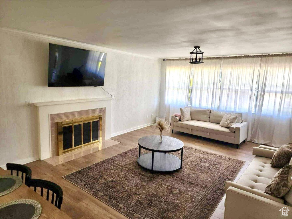 Living room featuring wood finished floors, a fireplace, and baseboards