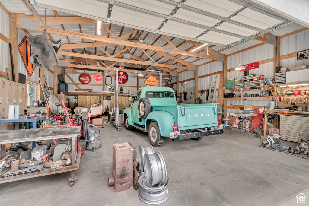 Garage with a workshop area