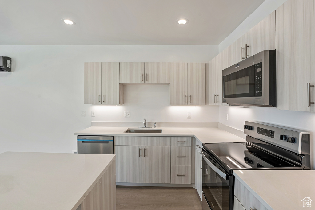Kitchen featuring stainless steel appliances, a sink, light countertops, light wood finished floors, and modern cabinets