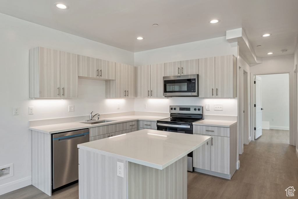 Kitchen featuring appliances with stainless steel finishes, a sink, light wood finished floors, modern cabinets, and recessed lighting