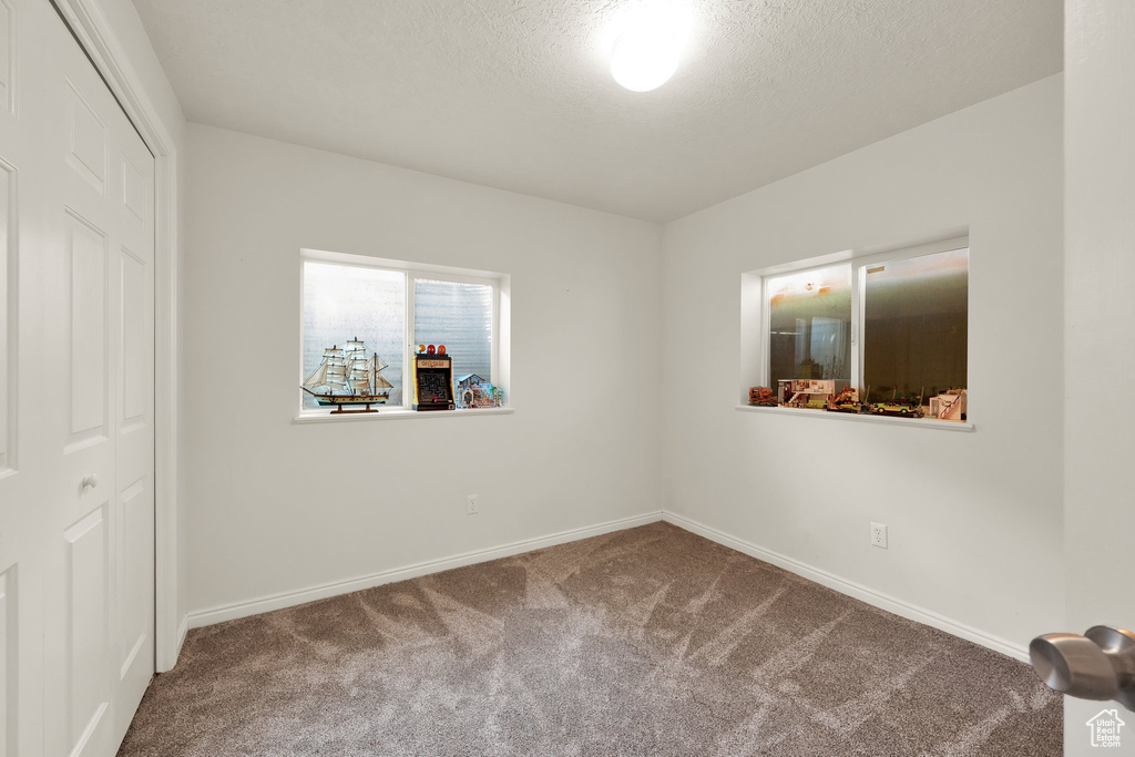 Unfurnished bedroom with carpet floors, baseboards, a textured ceiling, and a closet