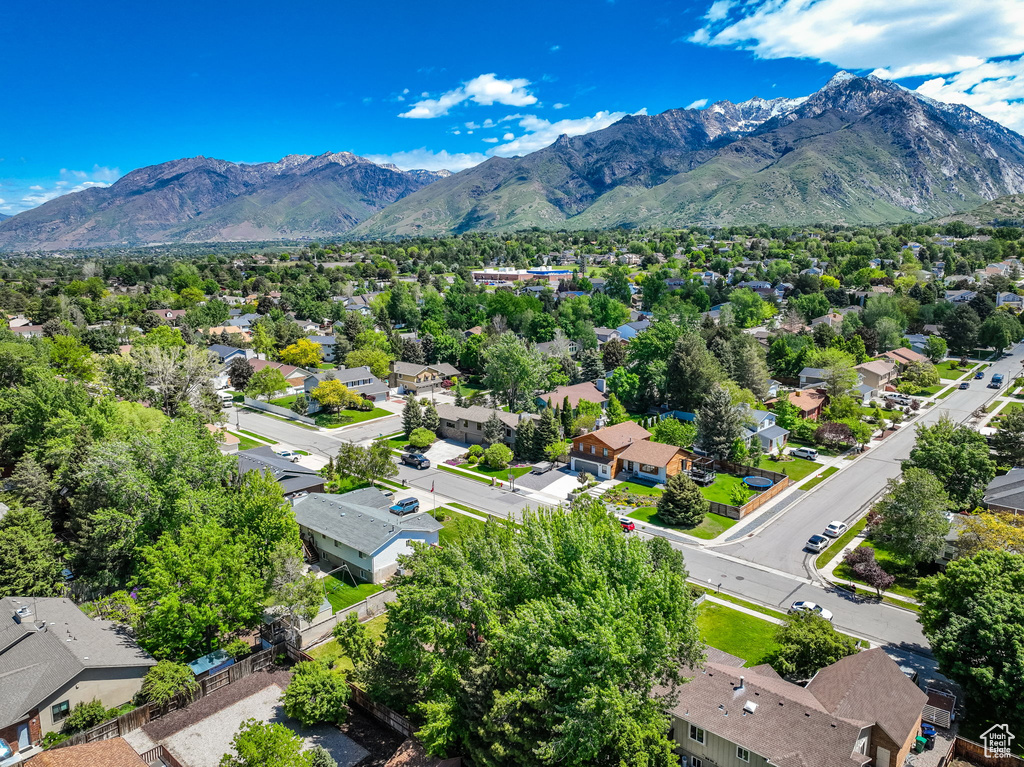 Aerial view of residential area with a mountain backdrop