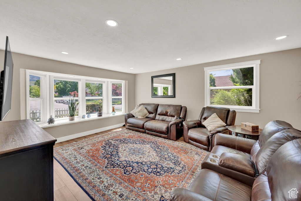 Living area with healthy amount of natural light, recessed lighting, light wood-style flooring, and baseboards
