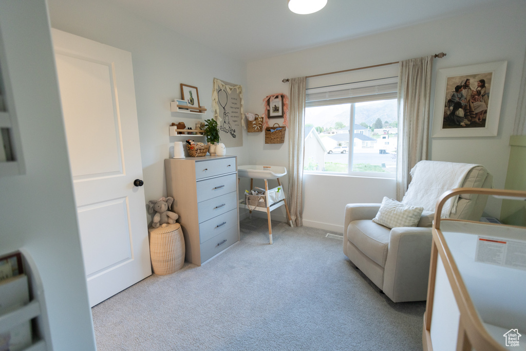 Sitting room featuring light colored carpet and baseboards