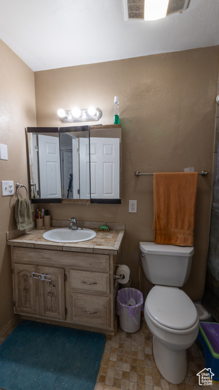 Full bathroom featuring vanity, toilet, and a shower