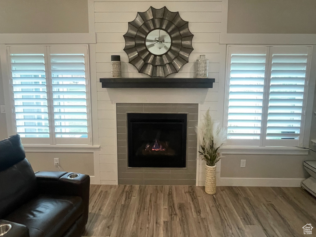 Living room featuring a fireplace, wood finished floors, baseboards, and healthy amount of natural light