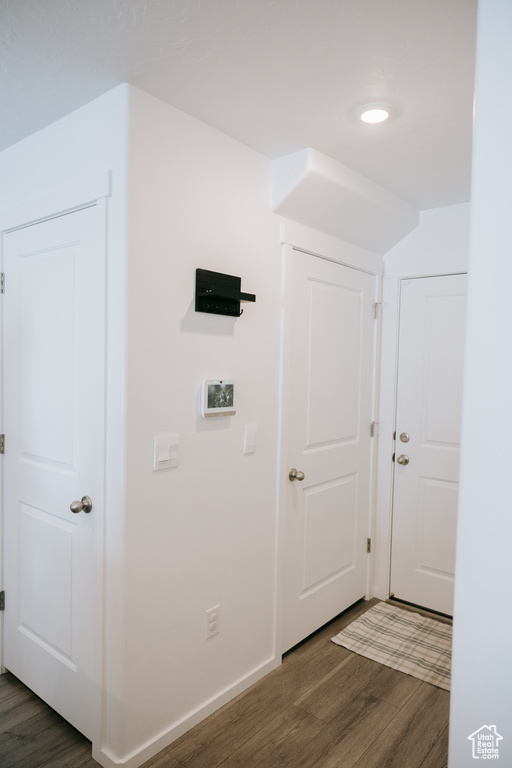 Foyer entrance with dark wood-type flooring