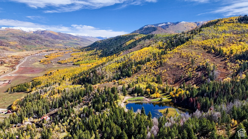 View of mountain background featuring a heavily wooded area and a nearby body of water