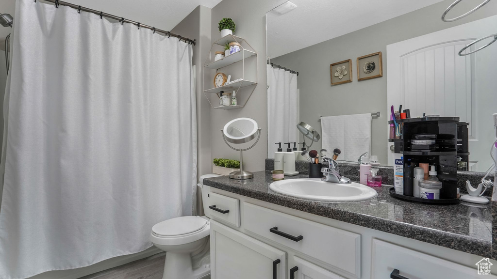 Full bath featuring vanity, toilet, wood finished floors, and a shower with shower curtain