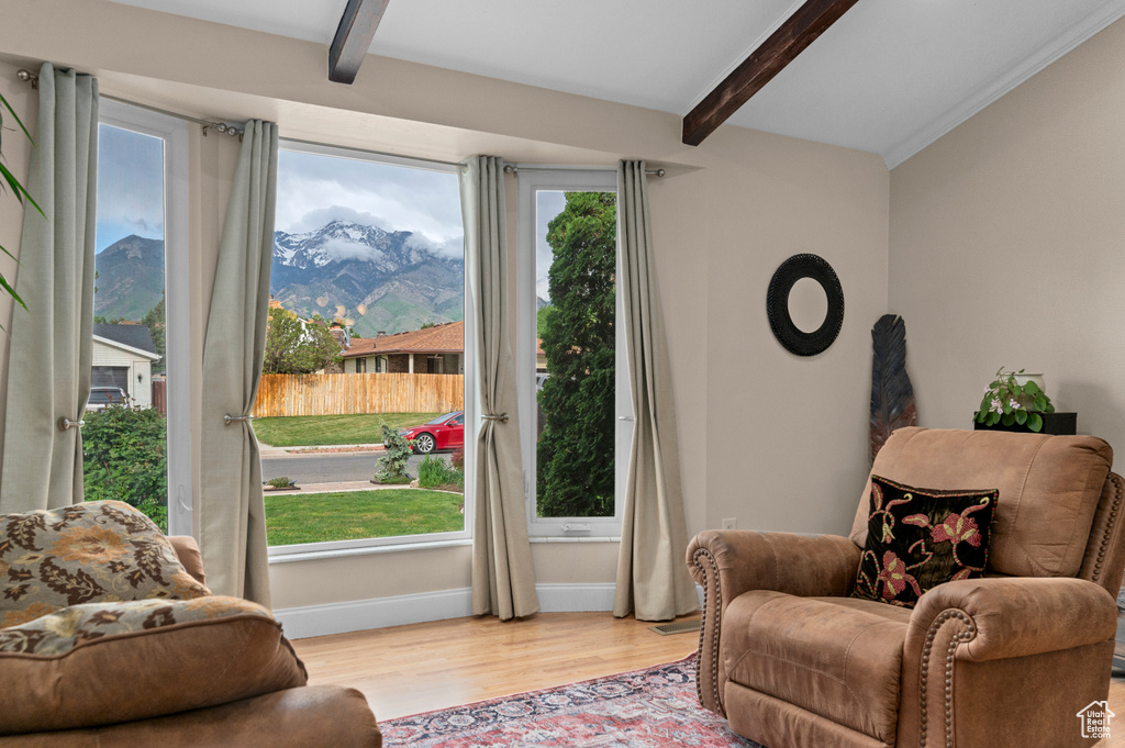 Living area featuring beamed ceiling, plenty of natural light, wood finished floors, a mountain view, and baseboards
