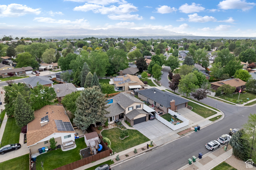 Aerial perspective of suburban area with mountains