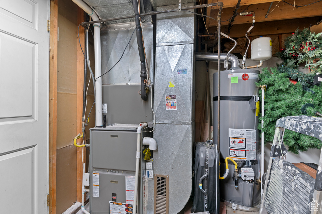 Utility room with secured water heater and heating unit