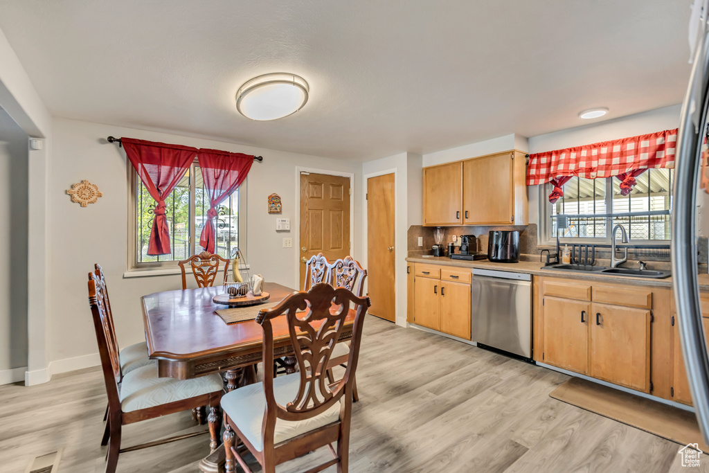 Dining room featuring light wood-style floors and baseboards