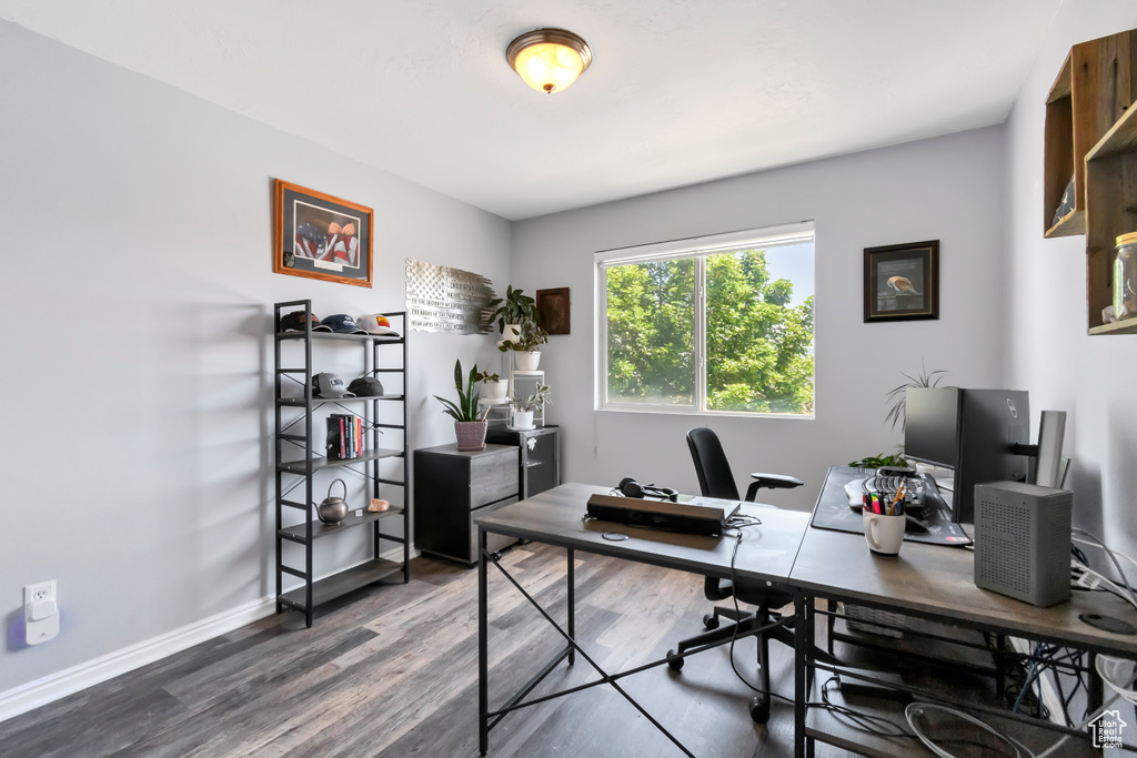 Office featuring wood finished floors and baseboards