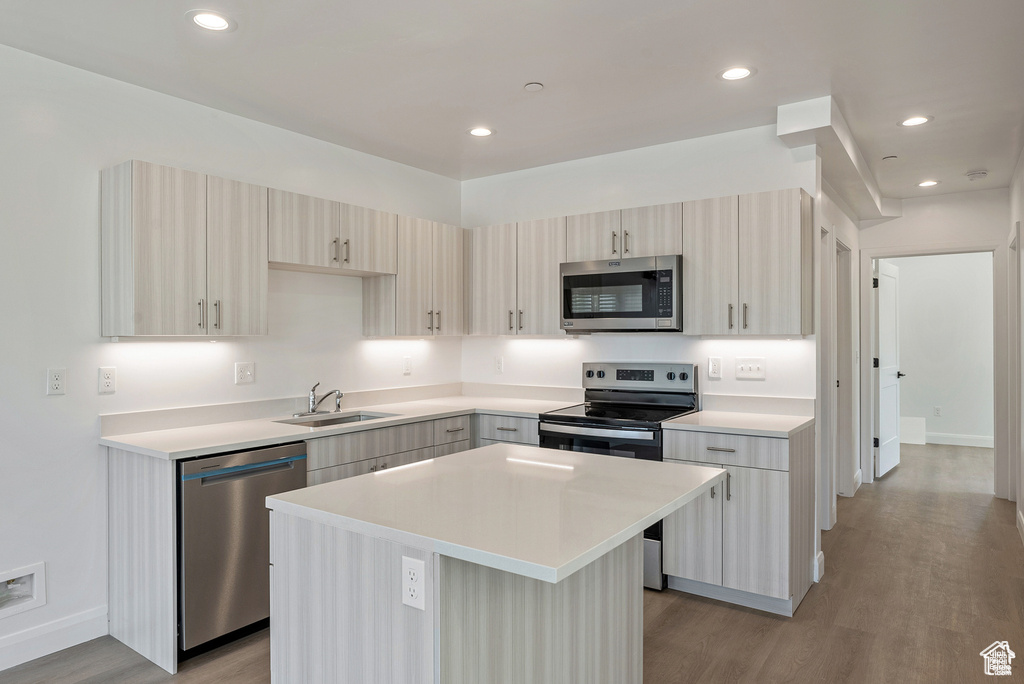 Kitchen featuring stainless steel appliances, a sink, light wood-style flooring, modern cabinets, and recessed lighting