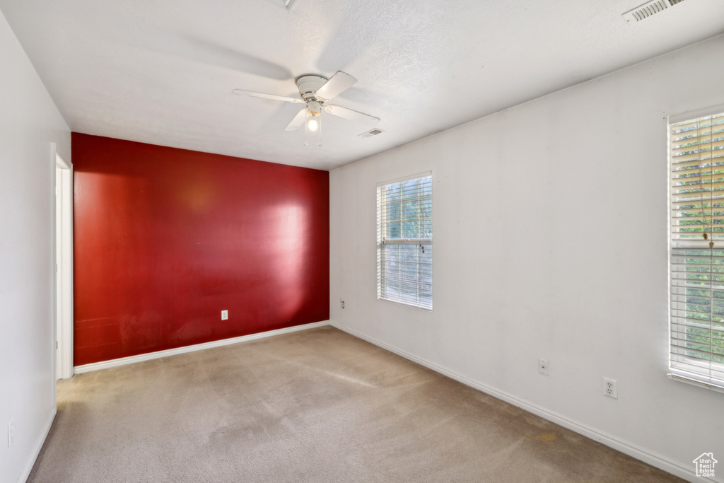 Carpeted empty room with ceiling fan, plenty of natural light, and baseboards