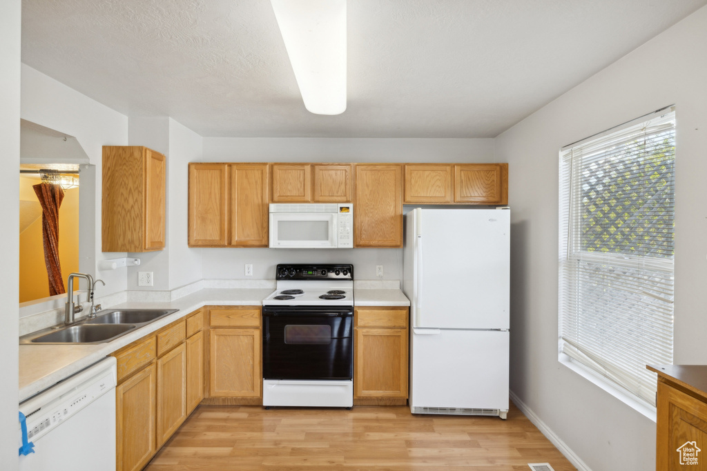 Kitchen with white appliances, a sink, light wood finished floors, and light countertops