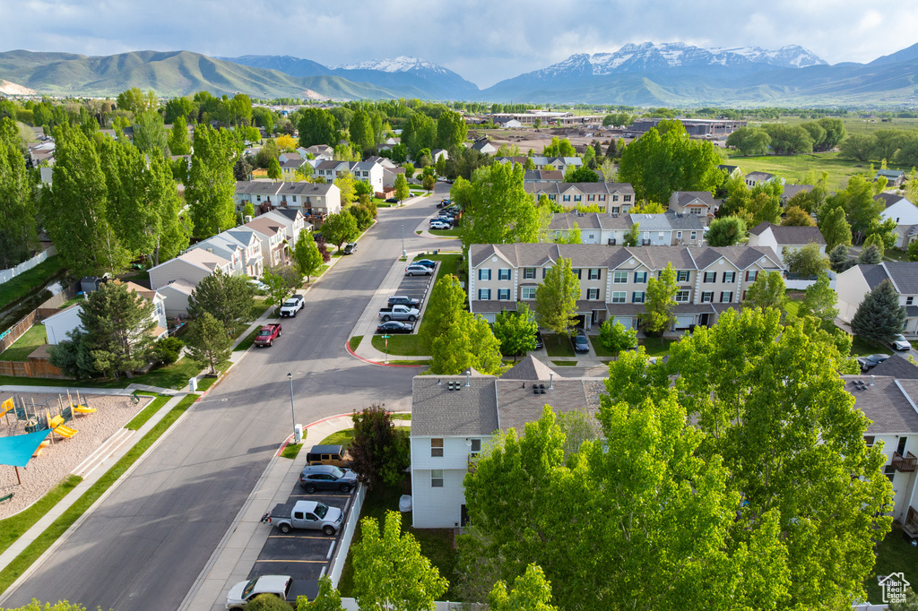 Aerial perspective of suburban area featuring mountains
