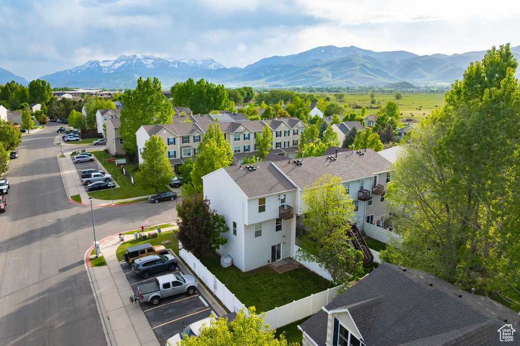 Aerial view of residential area with a mountain backdrop