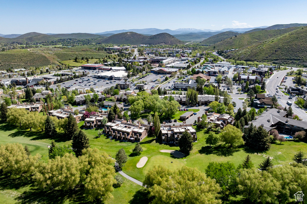 Aerial perspective of suburban area featuring a mountainous background