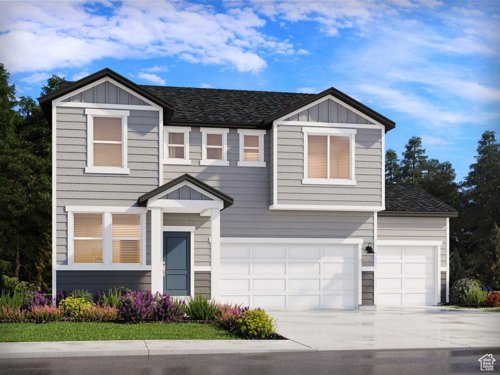 View of front facade with concrete driveway, an attached garage, roof with shingles, and board and batten siding