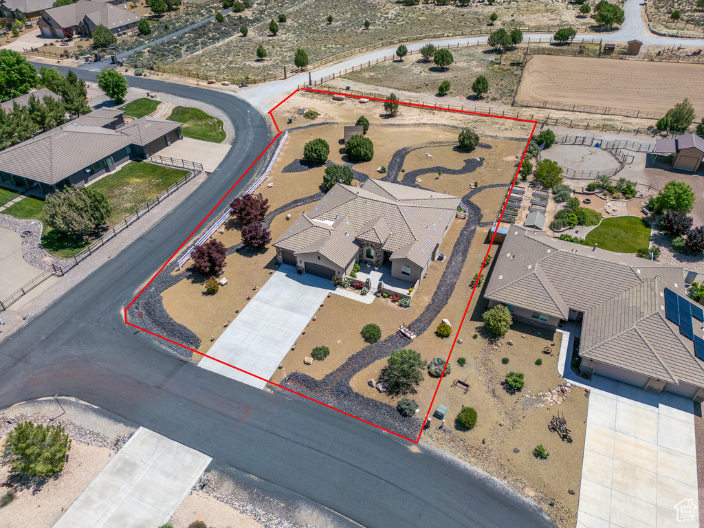 Aerial overview of property\'s location featuring property boundaries highlighted