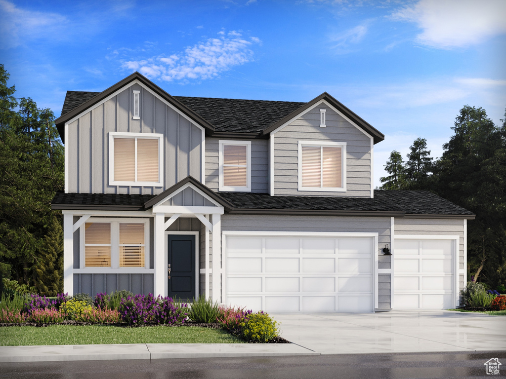 View of front of home featuring board and batten siding, concrete driveway, a shingled roof, and a garage