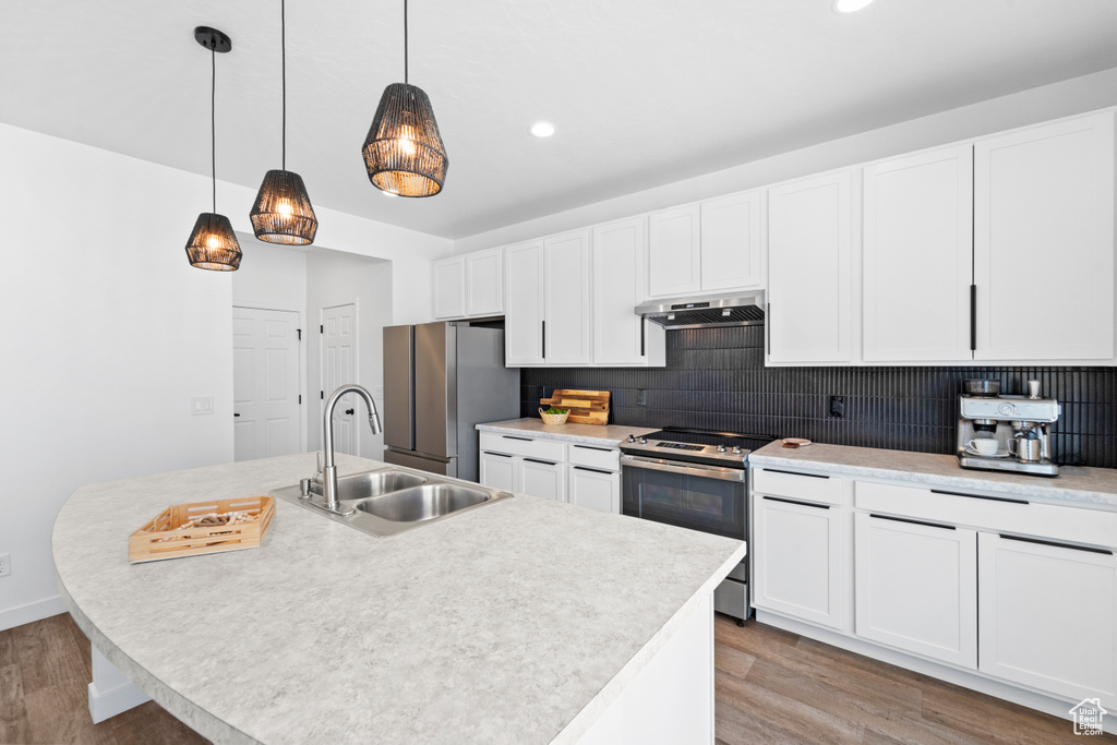 Kitchen featuring appliances with stainless steel finishes, a sink, under cabinet range hood, backsplash, and light wood-style floors