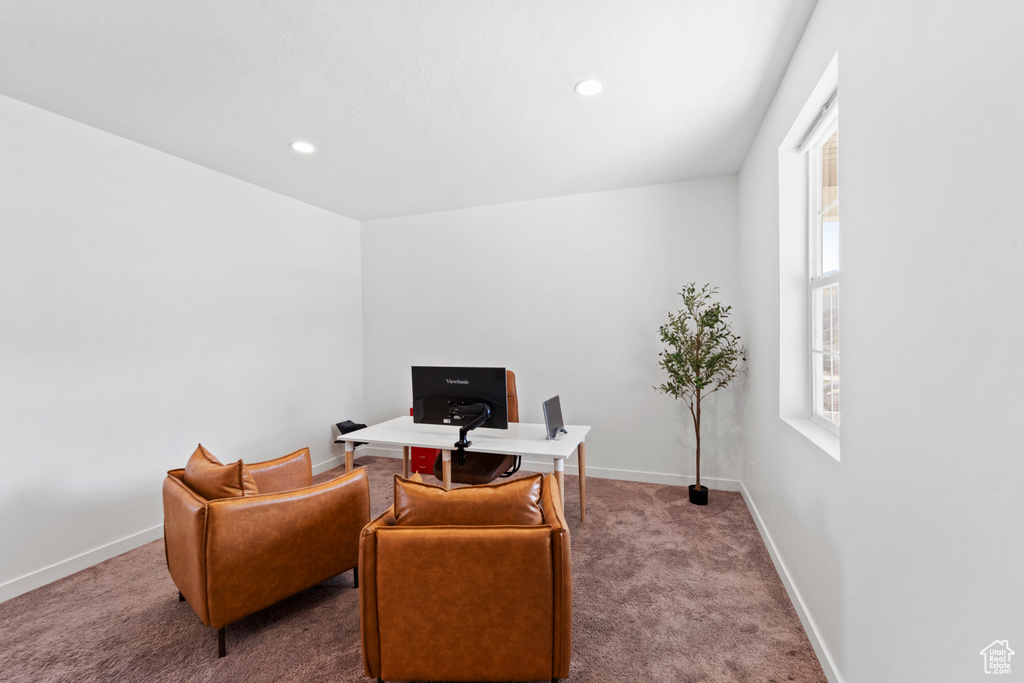 Carpeted home office with baseboards and recessed lighting