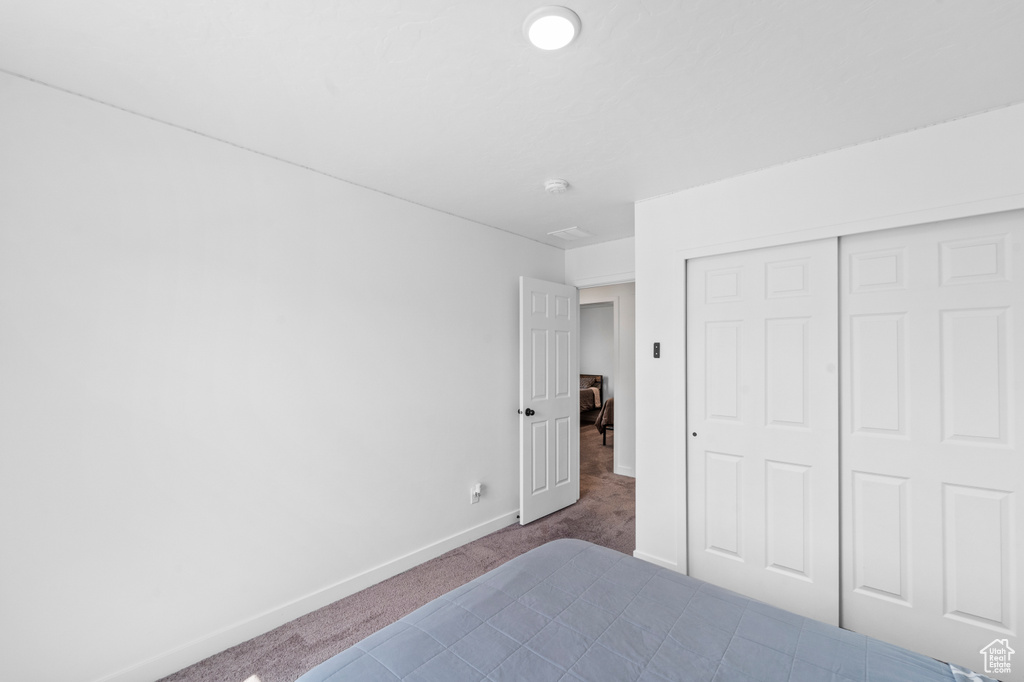 Carpeted bedroom with baseboards and a closet