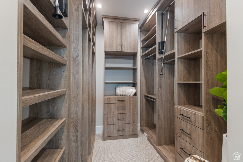 Walk in closet featuring light carpet