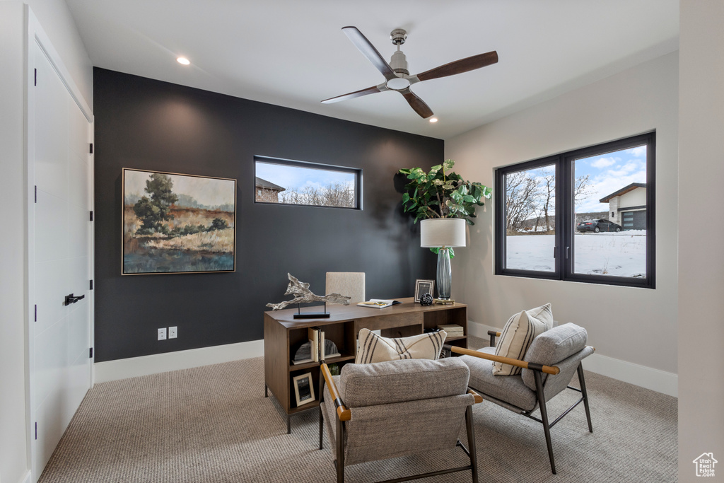 Carpeted home office with a ceiling fan, recessed lighting, and baseboards