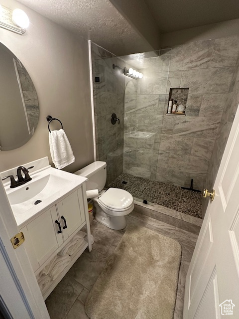 Full bathroom featuring vanity, walk in shower, and a textured ceiling