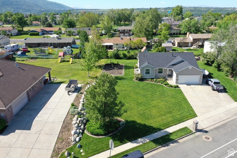 Aerial view of residential area with mountains