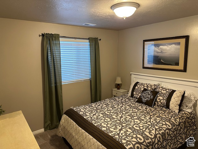 Bedroom featuring carpet floors and a textured ceiling