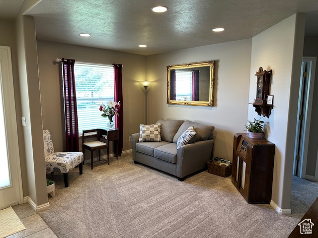Living area with light colored carpet, recessed lighting, and baseboards