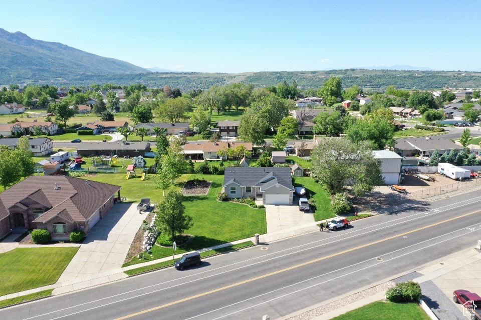 Aerial perspective of suburban area with mountains