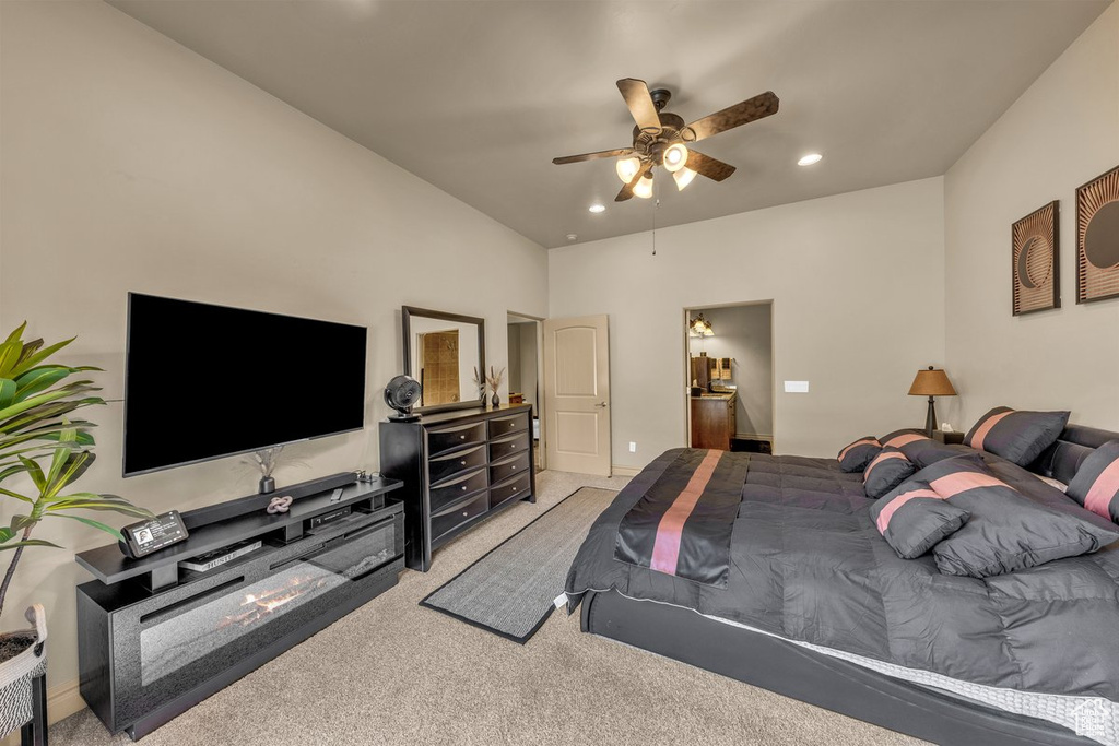 Bedroom featuring carpet flooring, recessed lighting, and ceiling fan