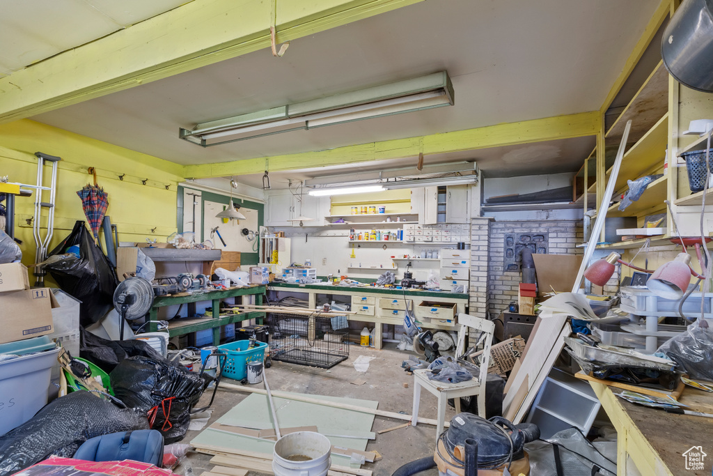 Garage featuring a workshop area