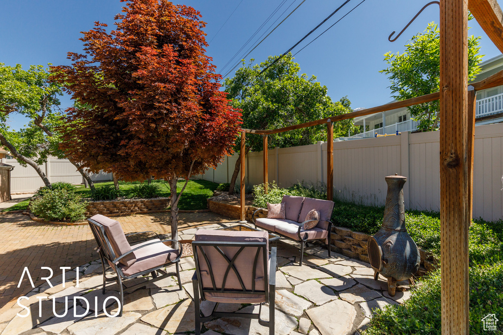 Fenced backyard featuring a patio and an outdoor living space