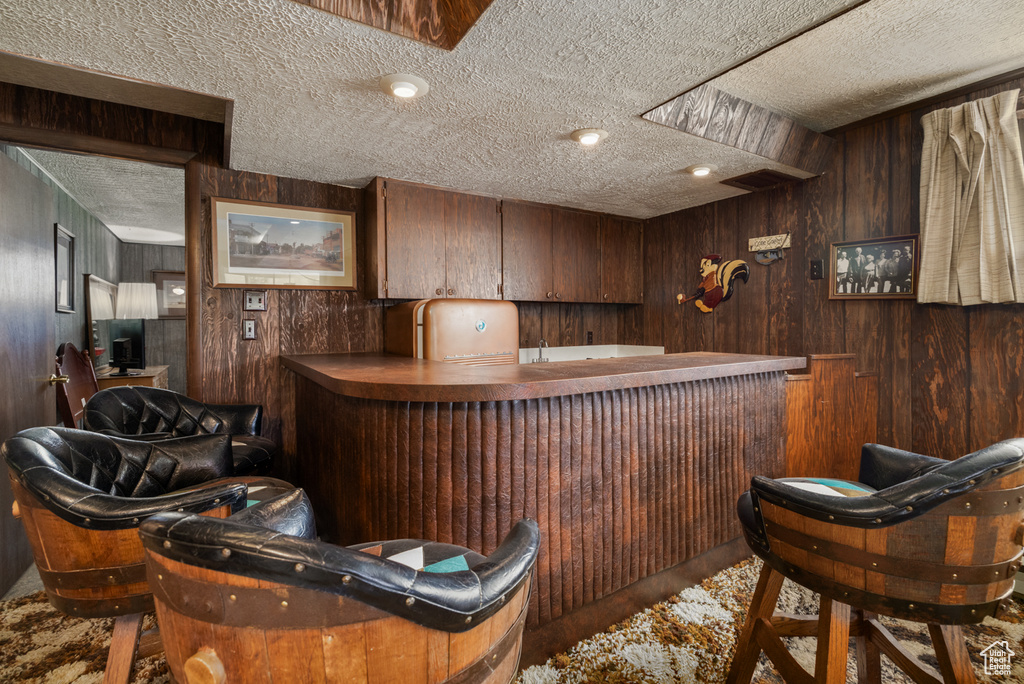 Indoor wet bar with a textured ceiling and wooden walls