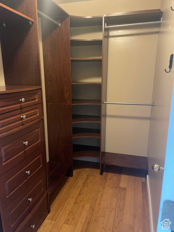 Walk in closet with light wood-type flooring