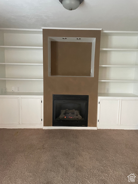 Detailed view of carpet flooring, a glass covered fireplace, and built in shelves