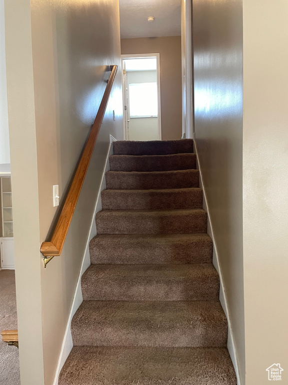 Stairway featuring carpet flooring and baseboards
