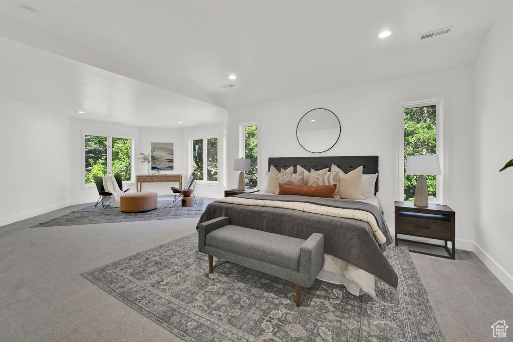 Bedroom featuring carpet flooring, recessed lighting, and baseboards