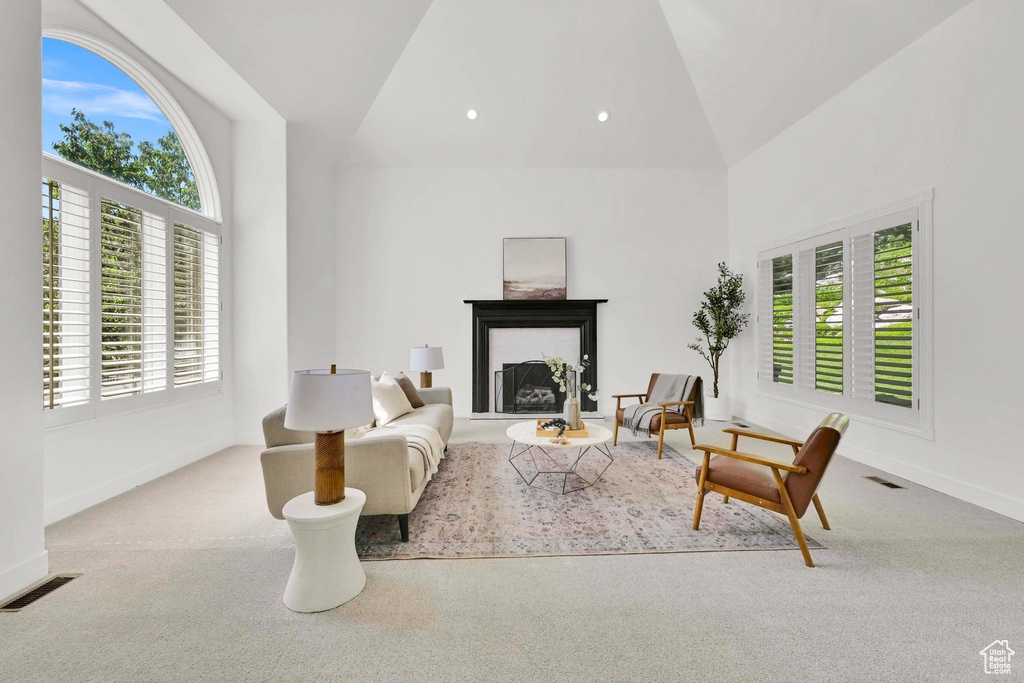 Carpeted living room with healthy amount of natural light, high vaulted ceiling, baseboards, and a fireplace