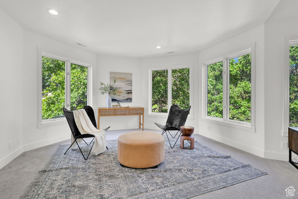 Living area featuring healthy amount of natural light, baseboards, carpet floors, and recessed lighting